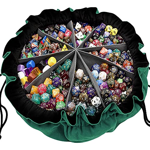 SIQUK Large Dice Bag with Pockets Big Capacity Dice Bag Drawstring Dice Pouch DND Dice Storage Bag for RPG MTG Table Games, Hold over 300 Dice, Dark Green - Image 1