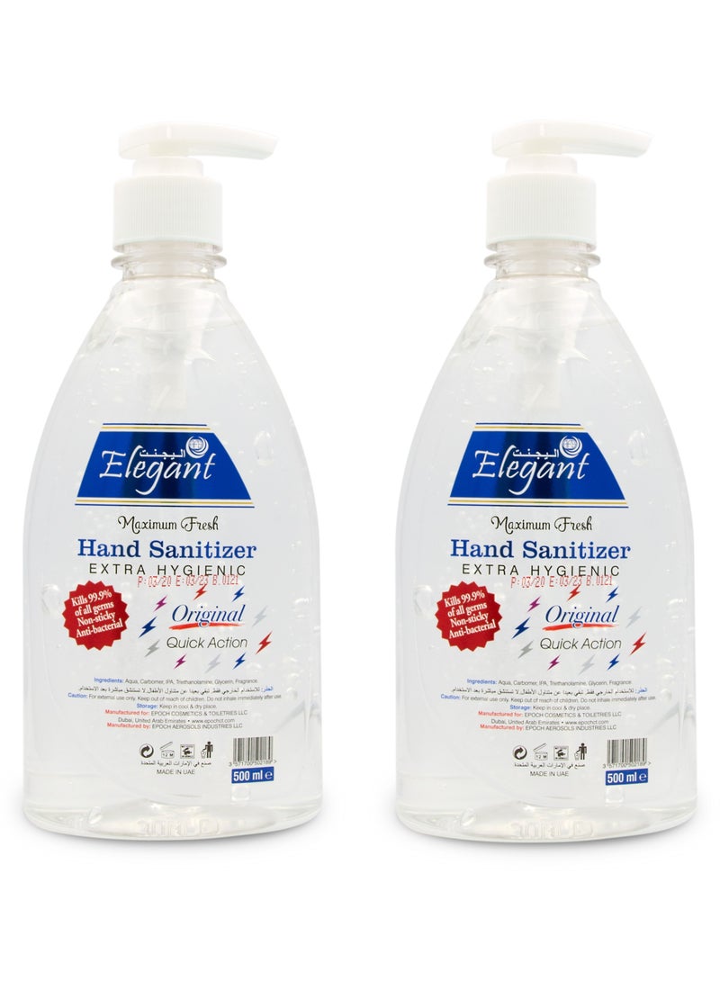 Elegant Elegant Hand Sanitizer Gel – 500ml – Pack of 2 – 70% IPA – Extra Hygienic  - Image 1