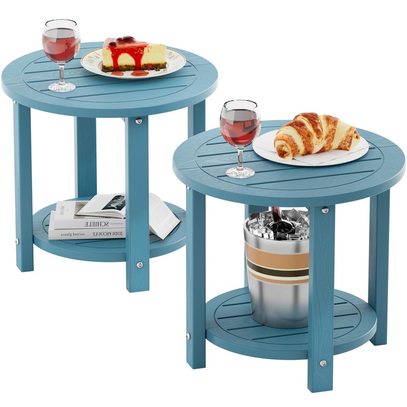 YEFU Outdoor Side Table for Patio: 16in HIPS Small Round Outdoor End Table - 2-Tier Adirondack Tables for Porch Patio Yard Poolside Living Room Beach Bedroom (Blue, 2 Pack) - Image 1