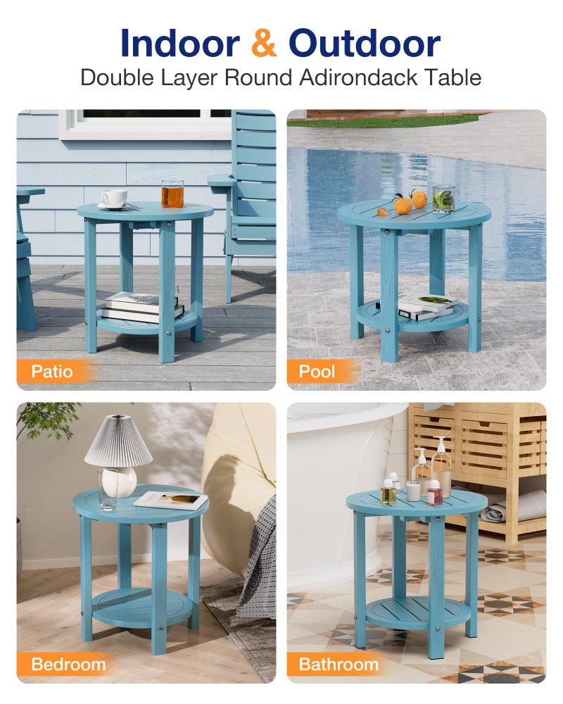 YEFU Outdoor Side Table for Patio: 16in HIPS Small Round Outdoor End Table - 2-Tier Adirondack Tables for Porch Patio Yard Poolside Living Room Beach Bedroom (Blue, 2 Pack) - Image 4