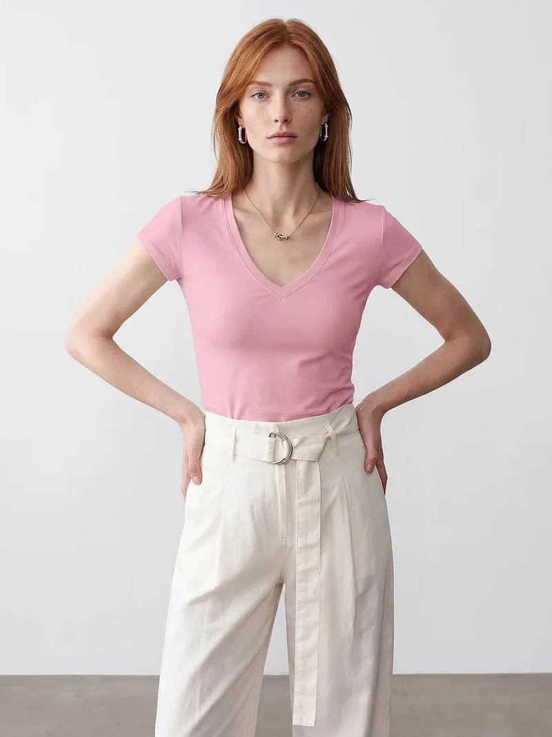 Dilvin DILVIN Slim Fit V-Neck Jersey Blouse