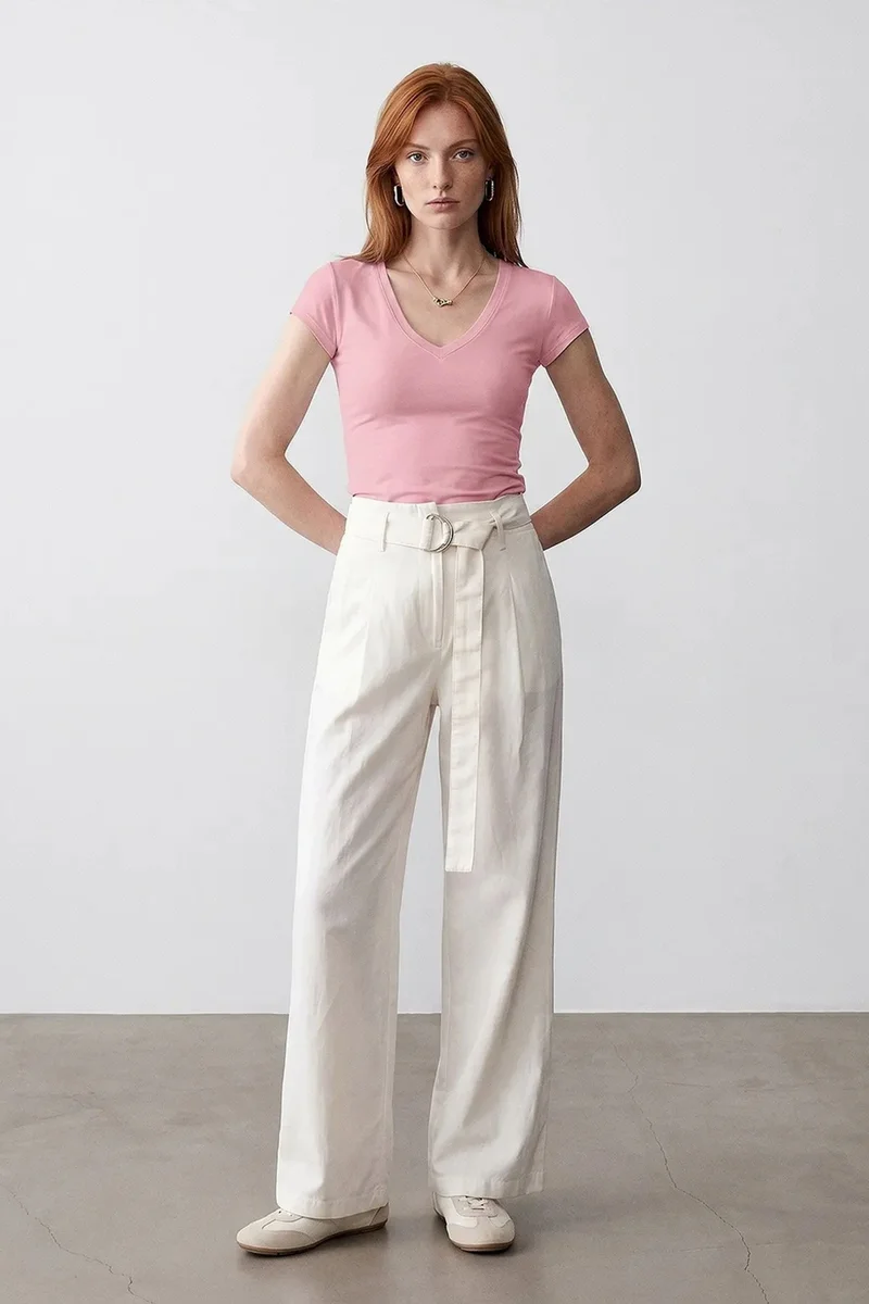 Dilvin Blush Pink DILVIN Slim Fit V-Neck Jersey Blouse for Women | Best Price UAE
