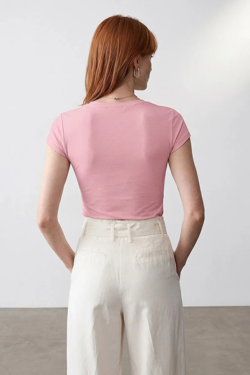 Dilvin Blush Pink DILVIN Slim Fit V-Neck Jersey Blouse for Women | Best Price UAE