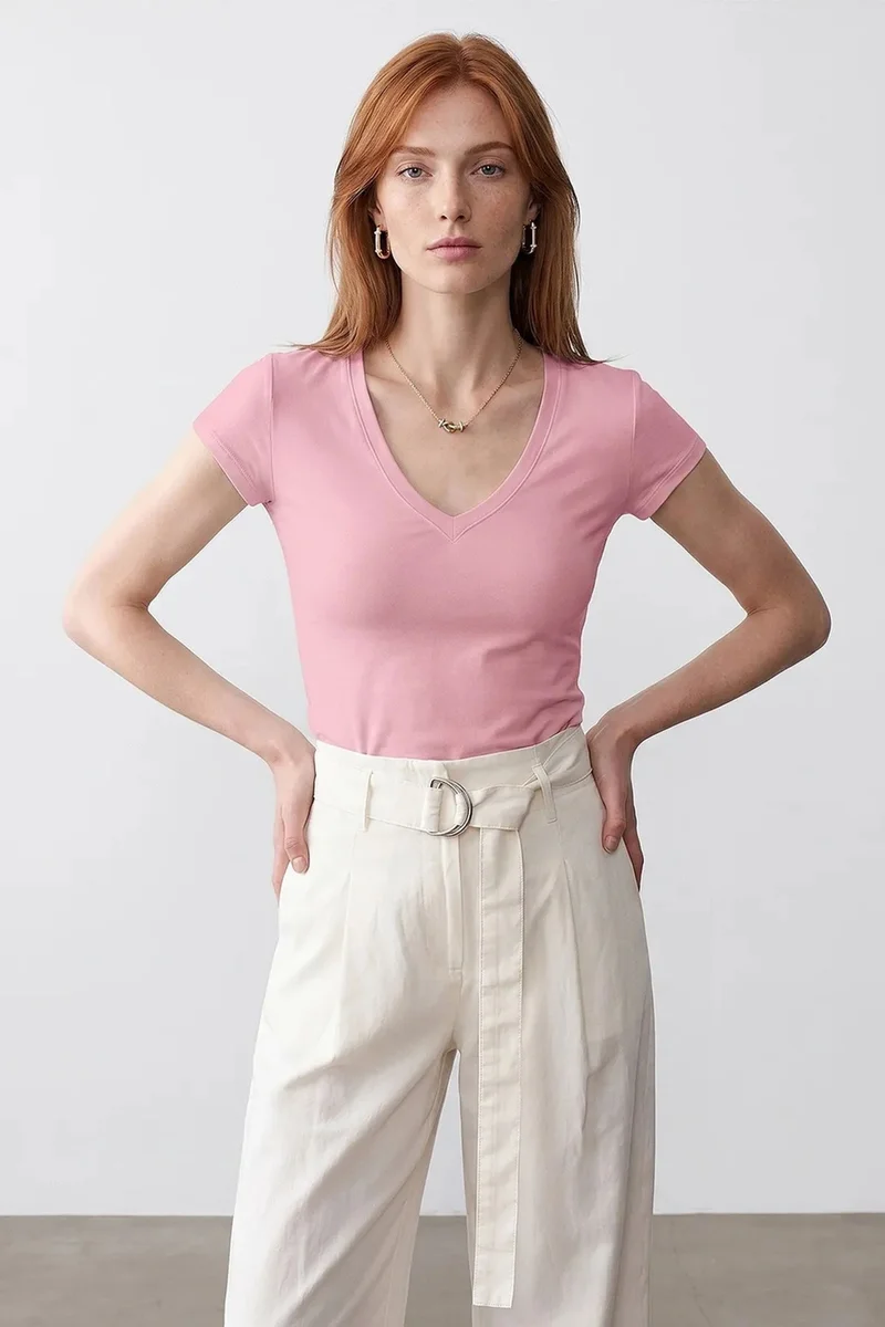 Dilvin Blush Pink DILVIN Slim Fit V-Neck Jersey Blouse for Women | Best Price UAE