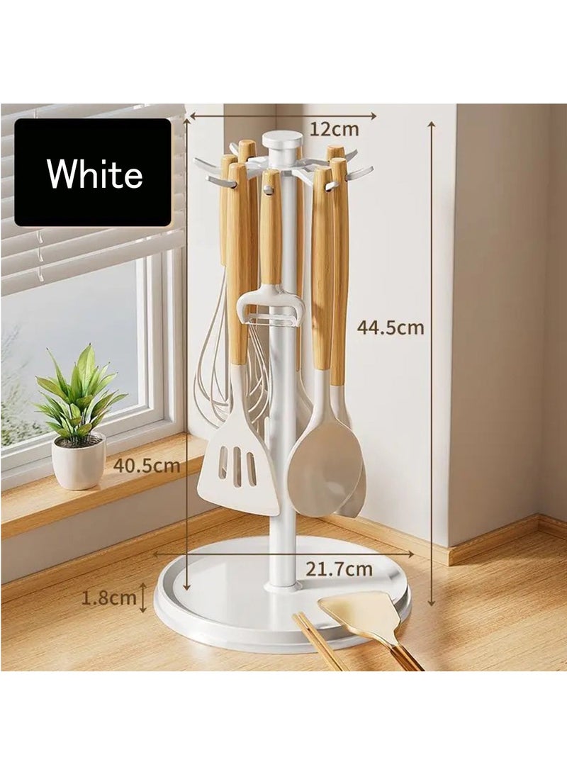 Arabest Kitchen Countertop Utensil Holder - Rotating Kitchen Utensil Storage Hanger for Countertop | Kitchen Flatware Organizer Rack for Spoon, Rotatable Cooking Utensils Holder with 8 Hooks (White)  - Image 1