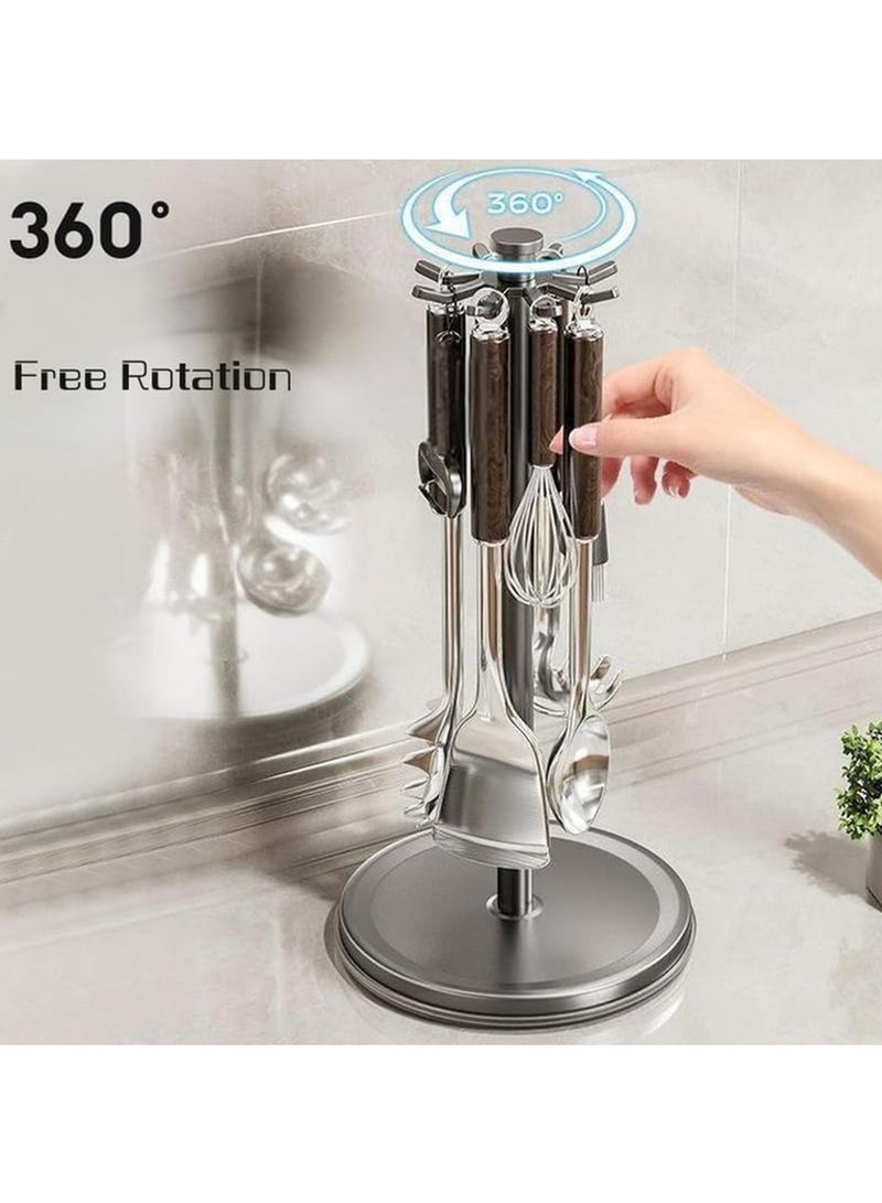 Arabest Kitchen Countertop Utensil Holder - Rotating Kitchen Utensil Storage Hanger for Countertop | Kitchen Flatware Organizer Rack for Spoon, Rotatable Cooking Utensils Holder with 8 Hooks (White)  - Image 5