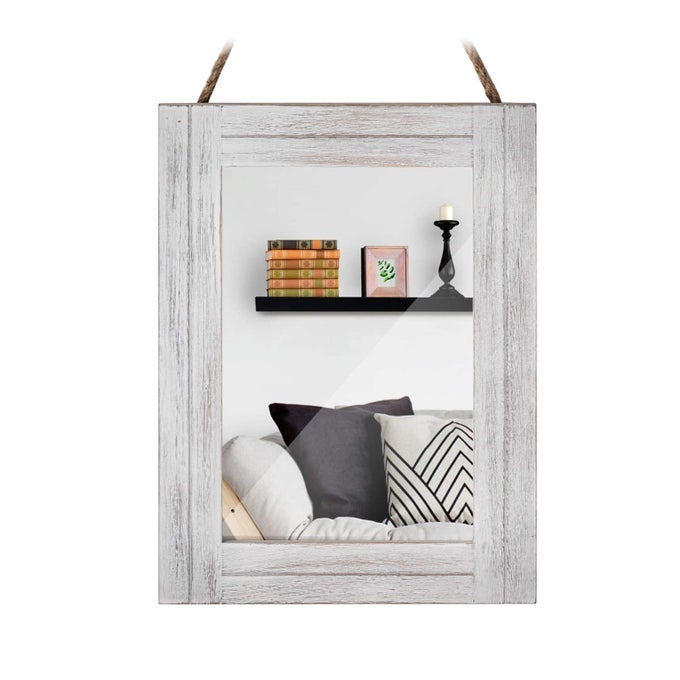 RECTANGLE WALL MIRROR FOR BATHROOM DISTRESSED WHITE WOOD DECOR WITH HANGING ROPE FOR RUSTIC HOME DECOR VANITY LIVING ROOM 1216