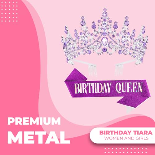 Papoopy Birthday Tiara Crown with Sash for Women, Headband Hair Accessories for Wedding Party Costume (A-Purple) - Image 2