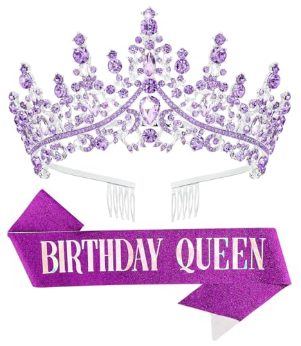 Papoopy Birthday Tiara Crown with Sash for Women, Headband Hair Accessories for Wedding Party Costume (A-Purple) - Image 1