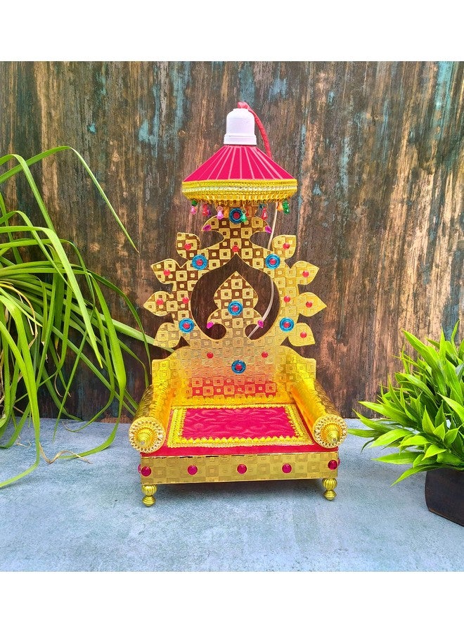 SHINDE EXPORTS Wooden Singhasan Throne with Umbrella/chatra and Light for god laddu Gopal Lord Thakur Pooja (13 inches) - Image 1