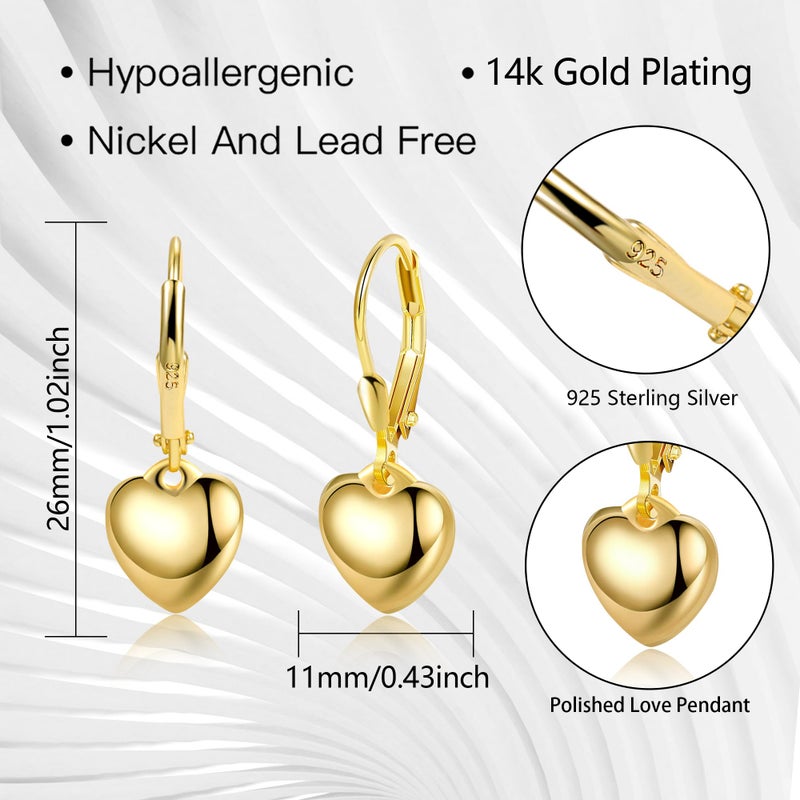 ALEXCRAFT Gold Heart Earrings Sterling Silver Heart Dangle Earrings for Women Gold Dangle Earrings Hypoallergenic Heart Drop Leverback Earrings - Image 3