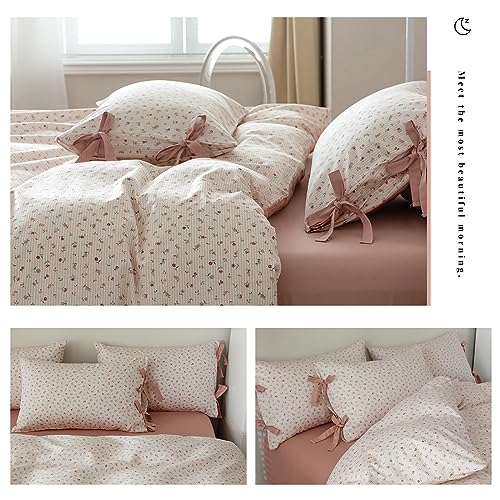 AOJIM Aesthetic Floral Print Duvet Cover for Kids Adults, Pure Cotton Comforter Cover Set 3pcs, 1 Soft Bedding Duvet Cover Queen Size with Zipper Closure and 2 Pillowcases with Bowknot for Room Decor - Image 3