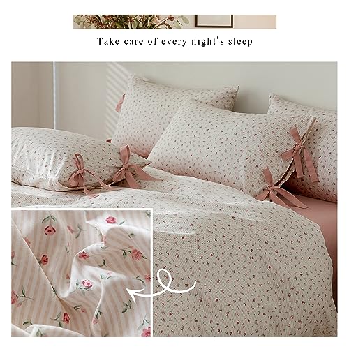 AOJIM Aesthetic Floral Print Duvet Cover for Kids Adults, Pure Cotton Comforter Cover Set 3pcs, 1 Soft Bedding Duvet Cover Queen Size with Zipper Closure and 2 Pillowcases with Bowknot for Room Decor - Image 4