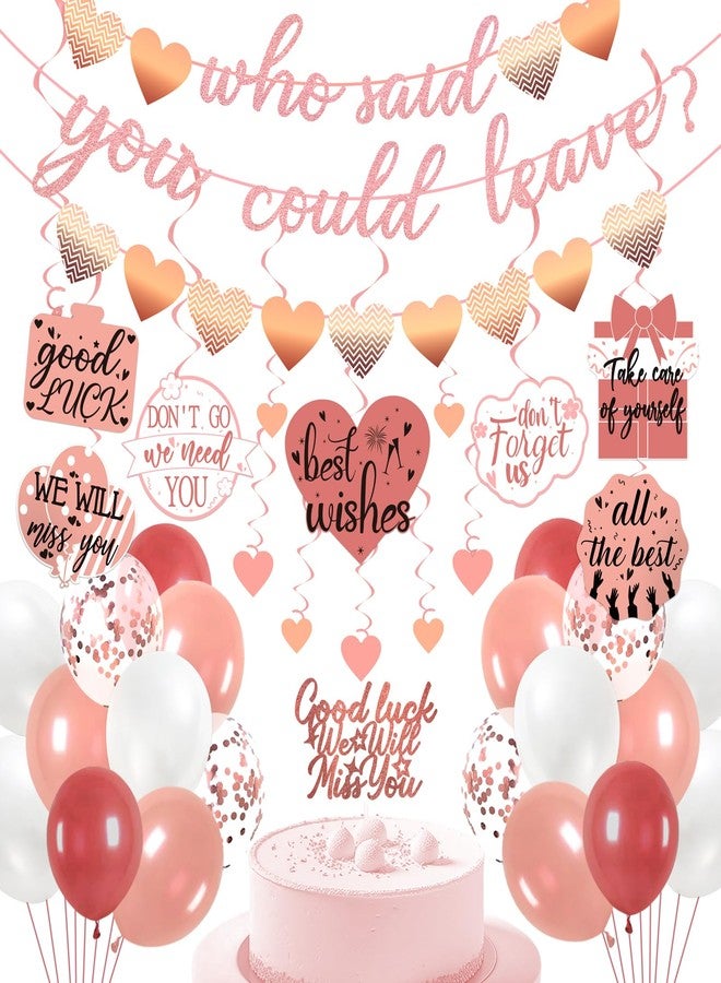 Freesdai Rose and Gold Goodbye Party Decorations for Coworker - Farewell Decor Balloons & "Who Said You Could Leave" Banner & Hanging Swirls & Cupcake Topper Going Away Supplies - Image 1