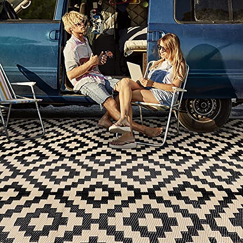SAND MINE SAND MINE Waterproof Outdoor Rug 9x18 ft Plastic Reversible Rug Modern Area Rug Large Floor Mat for Outdoors RV Patio Backyard Deck Picnic Beach Camping Black  Beige 