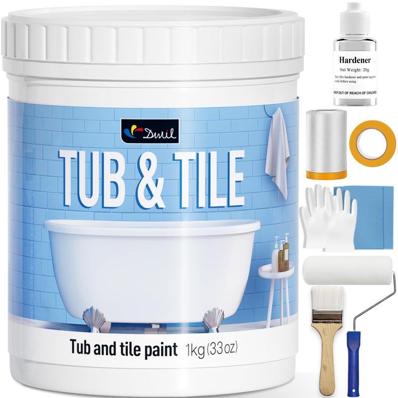 DWIL Tub and Tile Refinishing Kit, Quick-Dry Tile Paint for Wall & Floor, Sink Bathtub Paint for Bathroom, Kitchen, Toilets, Water Based, Semi-Gloss White, 50-55sq.ft, 33oz - Image 1