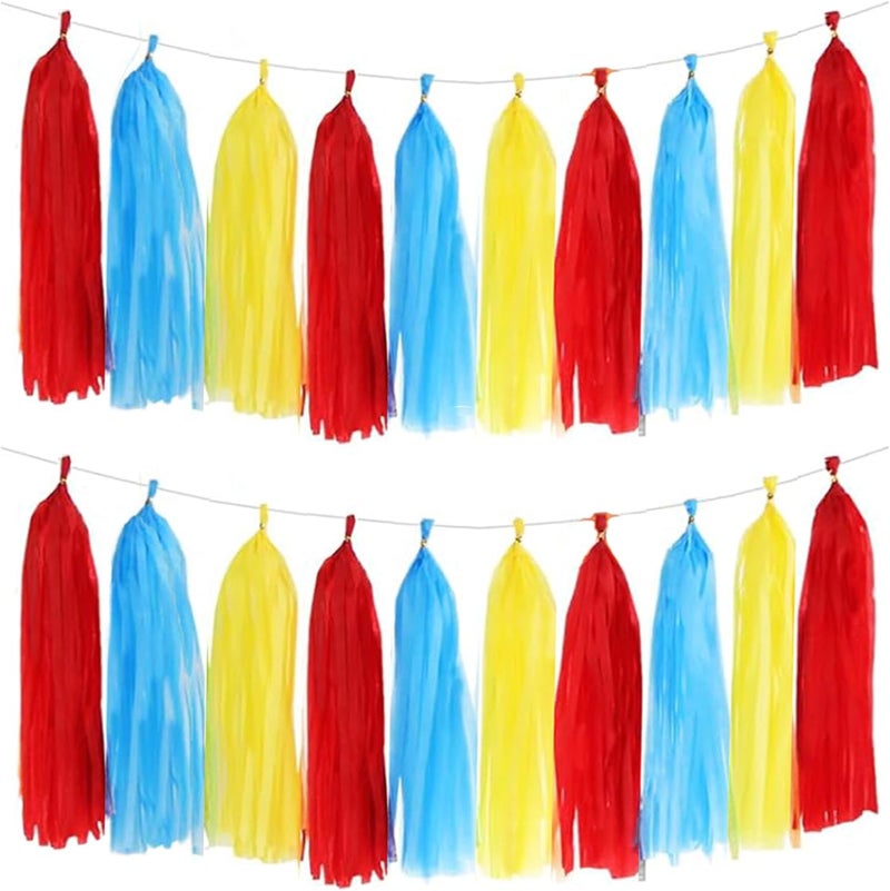 Aimto Red Blue and Yellow Tassel Garland Banner Paper Tassels for Party Decorations,Pack of 15 - Image 1