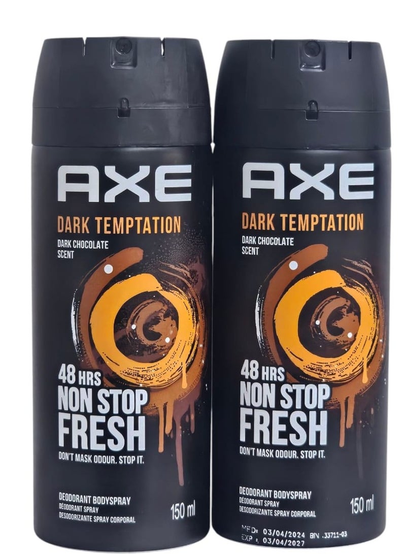 أكس بخاخ مزيل لرائحة العرق للجسم دارك تيمبتيشن لحماية من الرائحة الكريهة تدوم طويلاً لمدة 48 ساعة وبعطر لا يقاوم للرجال من عبوتين