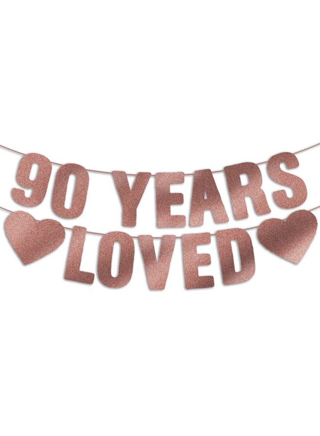 JunyRuny 90th Birthday Banner, 90 Years Loved Rose Gold Glitter Banner, 90th Birthday Decorations for Her, 90th Birthday Decorations for Women, Happy 90th Birthday Sign, Gift, Party Decor - Image 1