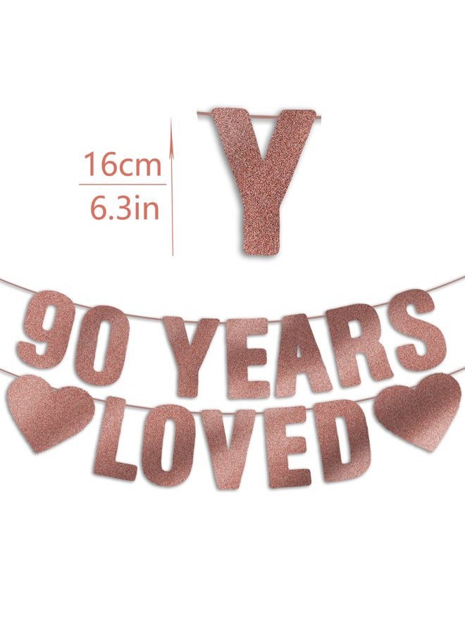 JunyRuny 90th Birthday Banner, 90 Years Loved Rose Gold Glitter Banner, 90th Birthday Decorations for Her, 90th Birthday Decorations for Women, Happy 90th Birthday Sign, Gift, Party Decor - Image 2