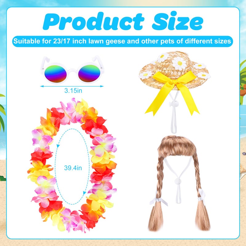 DECOHS 4 Pcs/Set Hawaiian Porch Goose Outfits, Summer Lawn Goose Statue Clothes Costume, 23"/ 17" Patio Goose Decor Hawaiian Wreath Straw Hat with Glasses Wig for Luau Party Outdoor Garden Yard Decor - Image 2