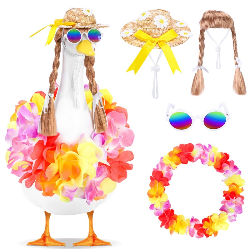 DECOHS 4 Pcs/Set Hawaiian Porch Goose Outfits, Summer Lawn Goose Statue Clothes Costume, 23"/ 17" Patio Goose Decor Hawaiian Wreath Straw Hat with Glasses Wig for Luau Party Outdoor Garden Yard Decor - Image 1
