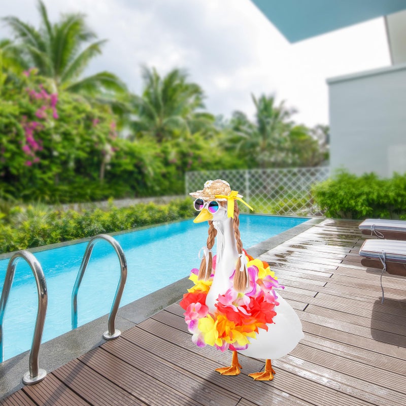 DECOHS 4 Pcs/Set Hawaiian Porch Goose Outfits, Summer Lawn Goose Statue Clothes Costume, 23"/ 17" Patio Goose Decor Hawaiian Wreath Straw Hat with Glasses Wig for Luau Party Outdoor Garden Yard Decor - Image 5