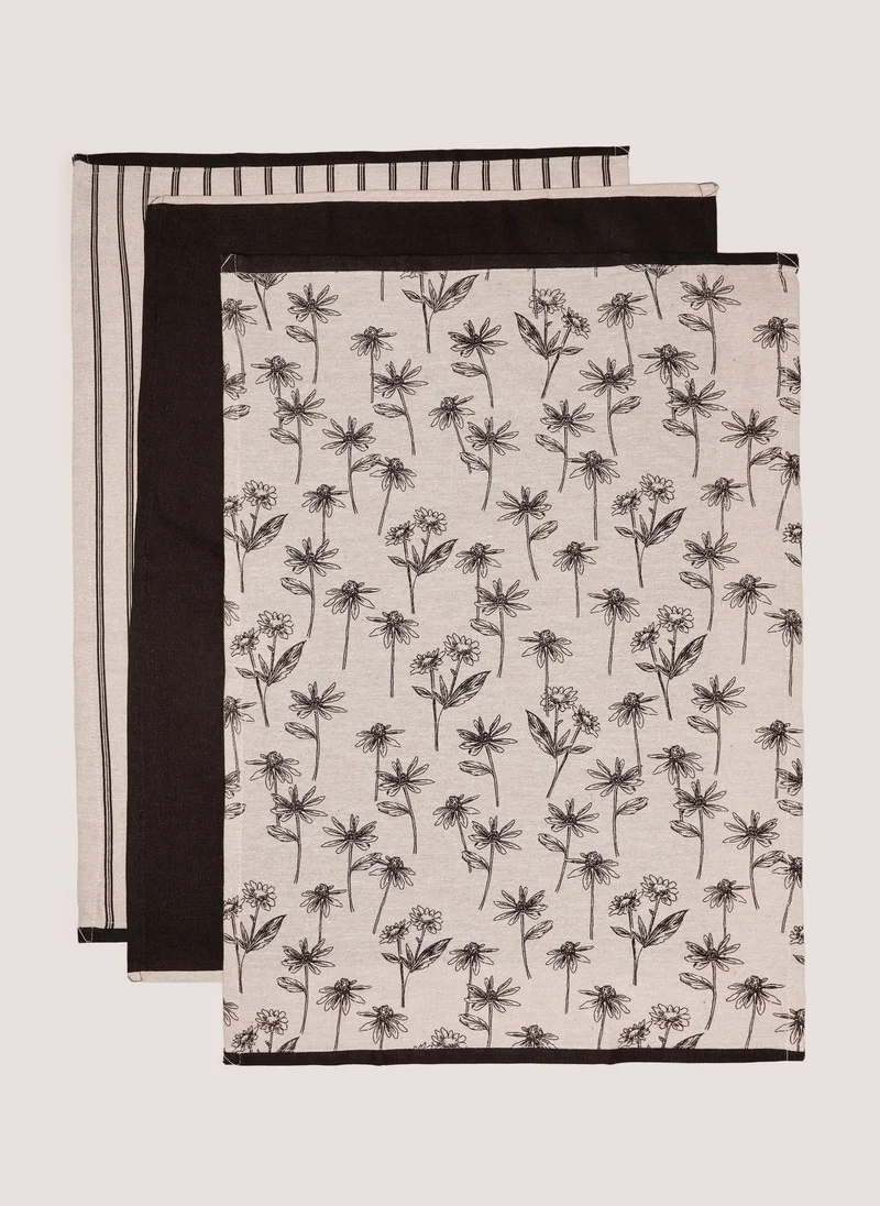 Matalan 3 Pack Floral Kitchen Co Tea Towels Neutral