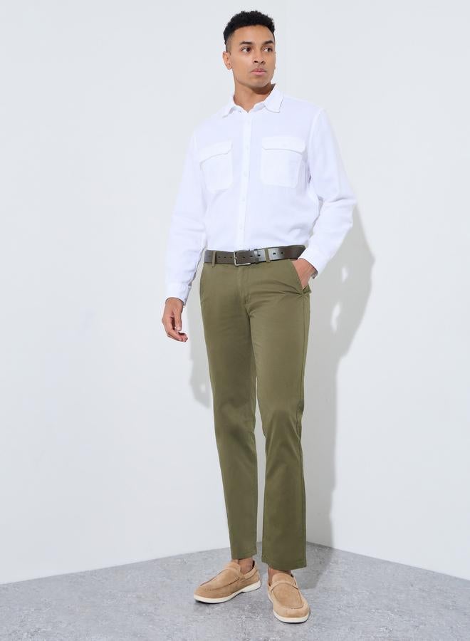 Styli Olive Solid Regular Fit Chino Trousers - Image 1