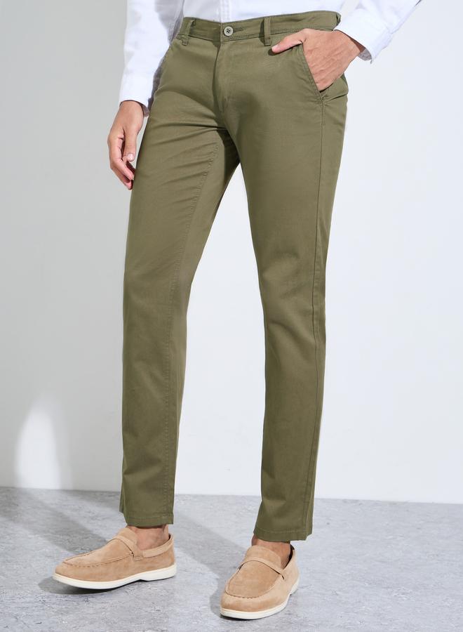 Styli Olive Solid Regular Fit Chino Trousers - Image 2
