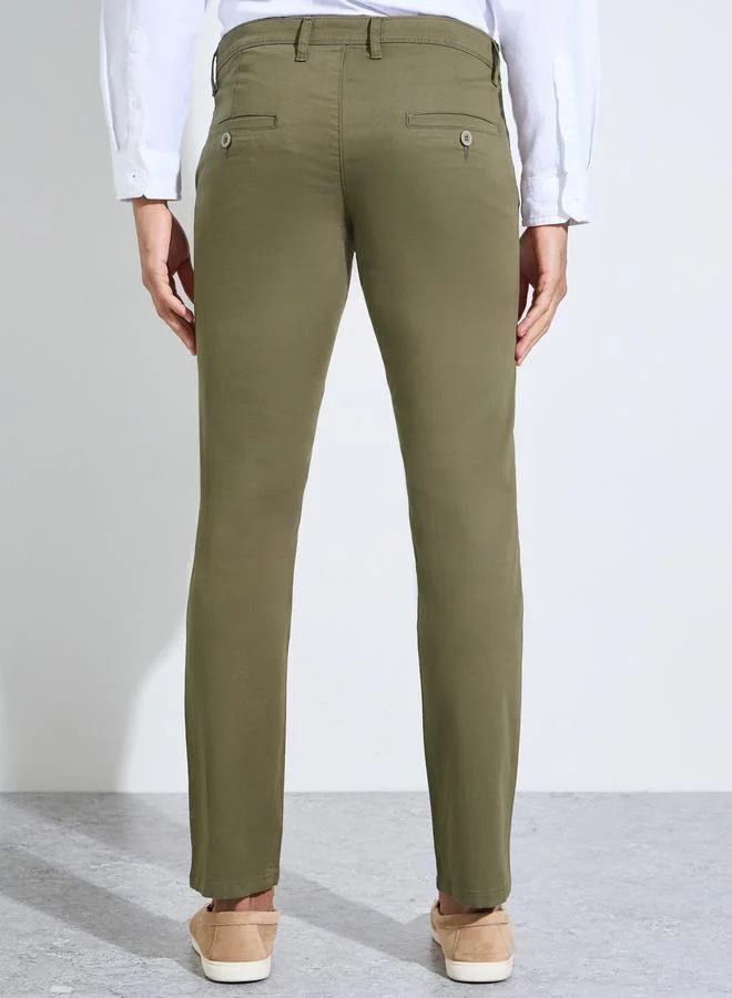 Styli  Olive Solid Regular Fit Chino Trousers for Men | Best Price UAE