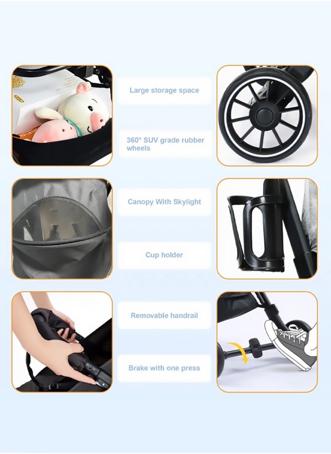 Bukela Luxury High Landscape Lightweight Baby Stroller with Car Seat, One-Hand Folding, Large Sun Canopy with Skylight, Four-Wheel Suspension System, Multi-Position Recline and Footrest  - Image 5