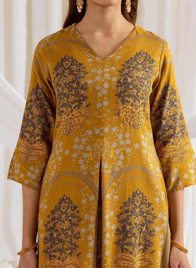 ISHIN Women'S Mustard Rayon Embroidered Tunic Full Length Palazzo Straight Fit Kurta Set