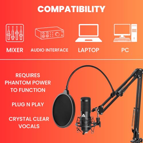 Audio Array AM-C43 XLR to 3.5mm Professional Condenser Microphone Kit | Boom Arm, 2M Cable & Foam Filter | Compatible with Audio Interface, Mixer | Recording, Podcast, Streaming, Home Studio (Black) - Image 3