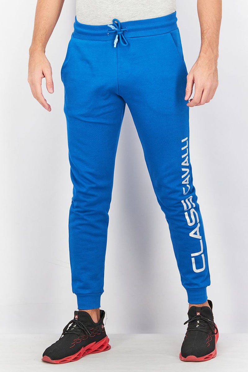 Cavalli Class Men Regular Fit Drawstring Brand Logo Pants, Blue - Image 1