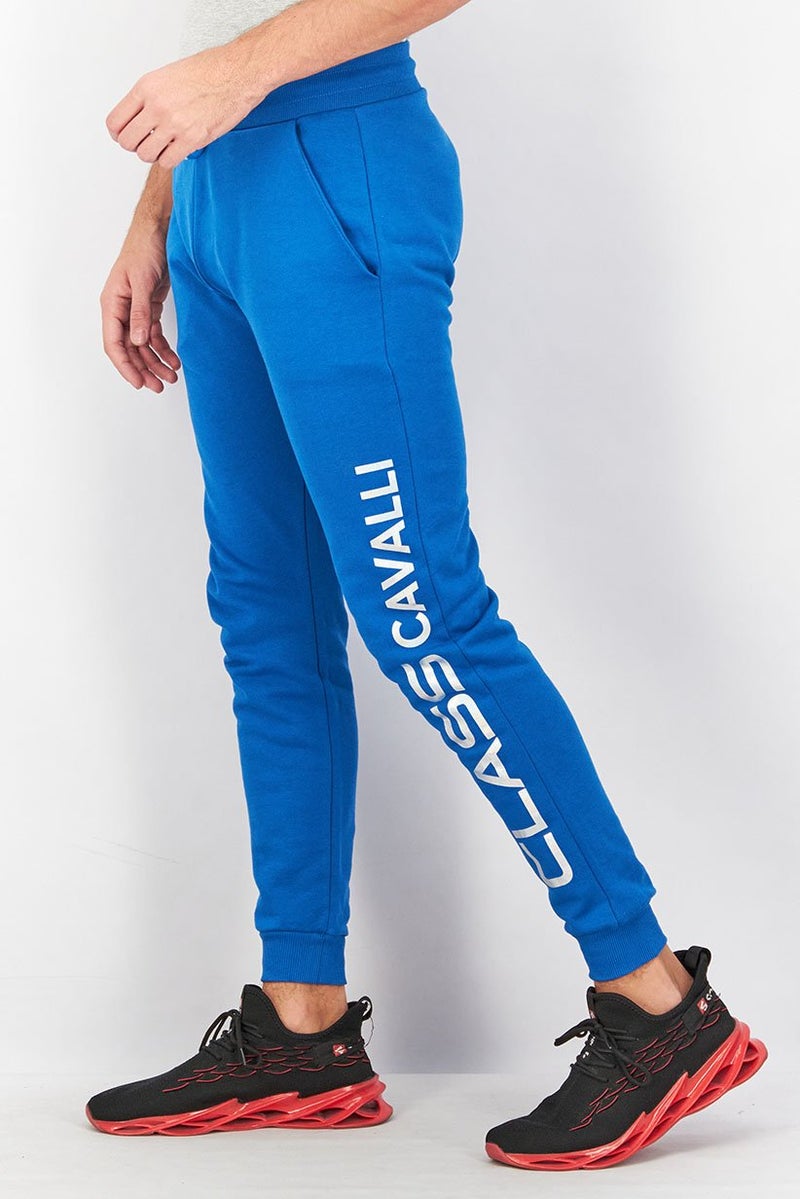 Cavalli Class Men Regular Fit Drawstring Brand Logo Pants, Blue - Image 3