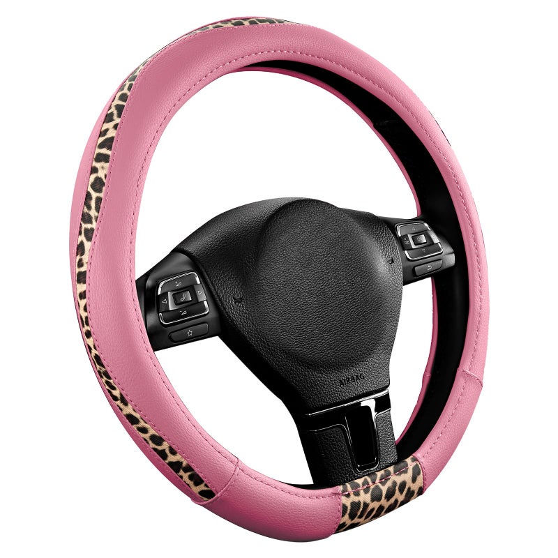 Road Comforts D-Type Steering Wheel Cover - Made with PVC Leather and Leopard Fabric - Universal Fit for 15-Inch D-Shaped Automotive Steering Wheels (Pink Color) - Image 2