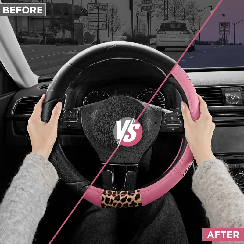 Road Comforts D-Type Steering Wheel Cover - Made with PVC Leather and Leopard Fabric - Universal Fit for 15-Inch D-Shaped Automotive Steering Wheels (Pink Color) - Image 3