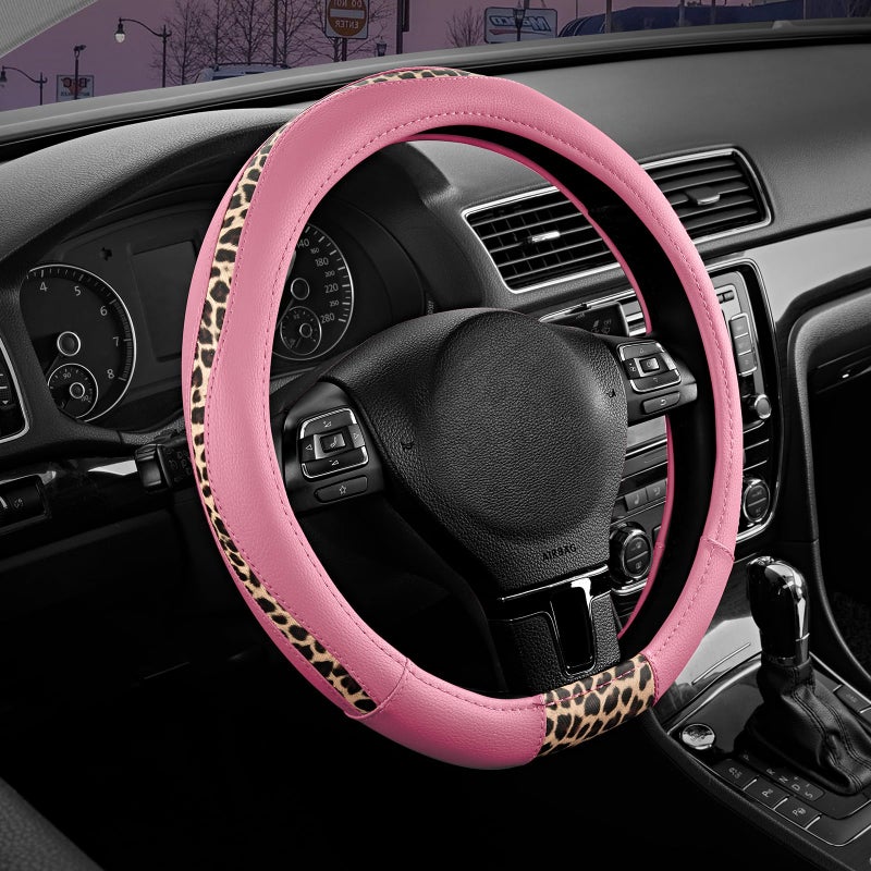 Road Comforts D-Type Steering Wheel Cover - Made with PVC Leather and Leopard Fabric - Universal Fit for 15-Inch D-Shaped Automotive Steering Wheels (Pink Color) - Image 1