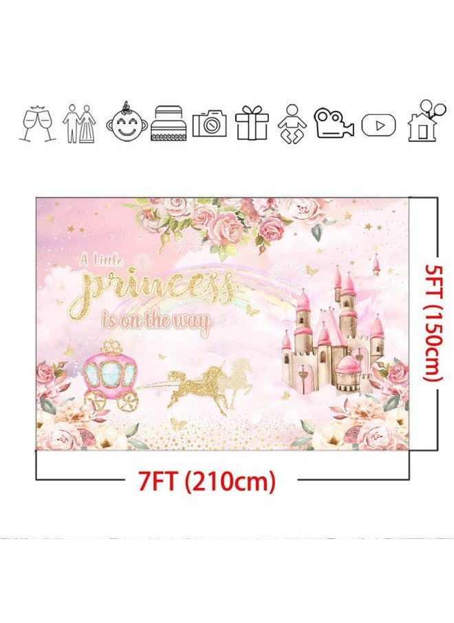 Mocsicka Princess Baby Shower Backdrop 7x5ft Girl Floral Castle Carriage Baby Shower Party Decorations Background Pink Castle A Little Princess is On The Way Baby Shower Decorations  - Image 5
