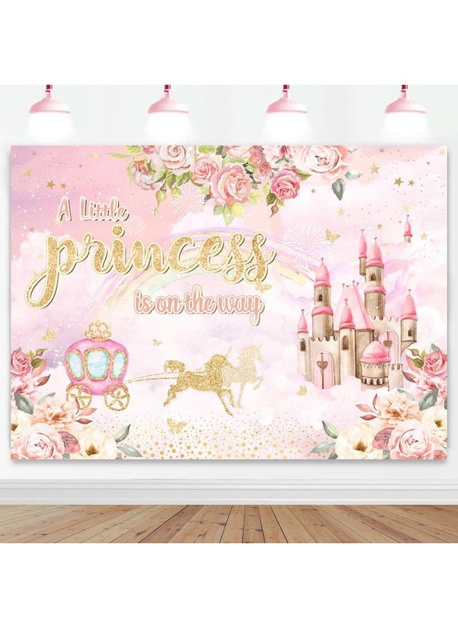 Mocsicka Princess Baby Shower Backdrop 7x5ft Girl Floral Castle Carriage Baby Shower Party Decorations Background Pink Castle A Little Princess is On The Way Baby Shower Decorations  - Image 1