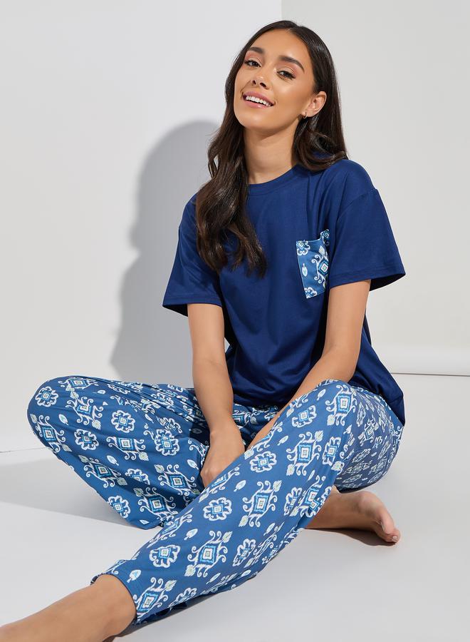 Styli Ikkat Print Pocket T-Shirt & Pyjama Set  - Image 1