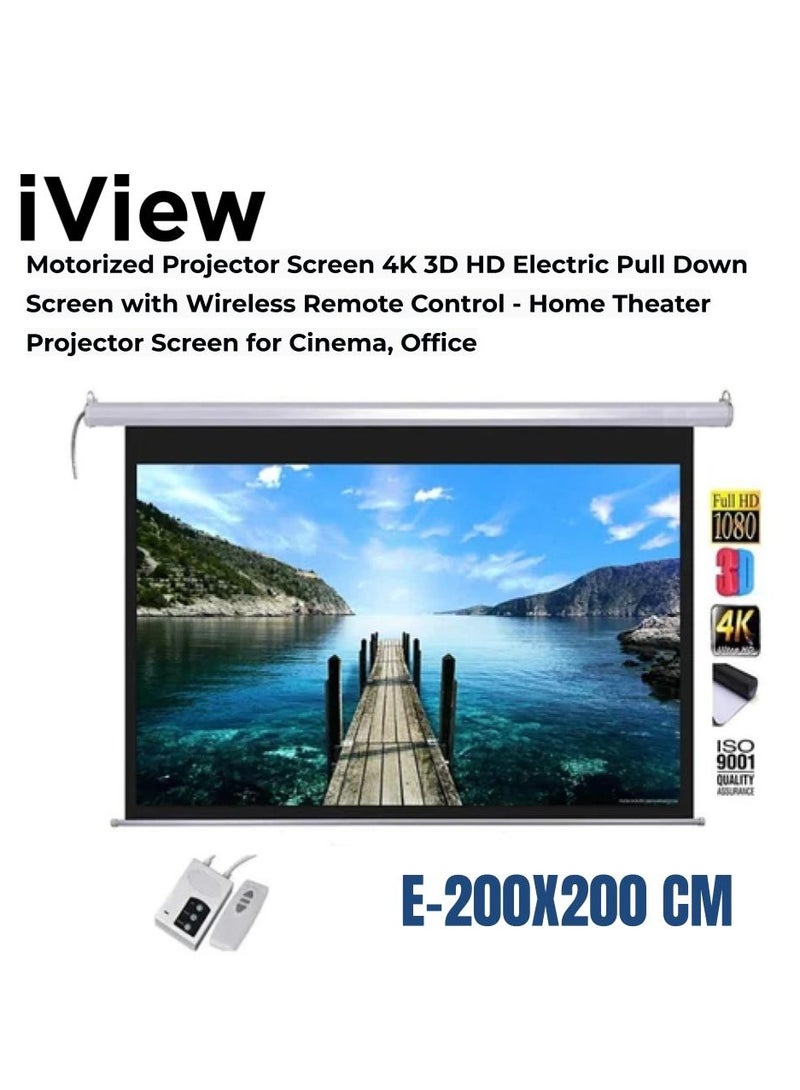 iView E200 200 × 200 cm Motorized Projection Screen – RF Remote, Auto-Lock, Double Masking Borders, Silent Synchronous Motor, Ceiling/Wall Mount, Max White 1.1 Gain (70″×70″ Viewing Area)