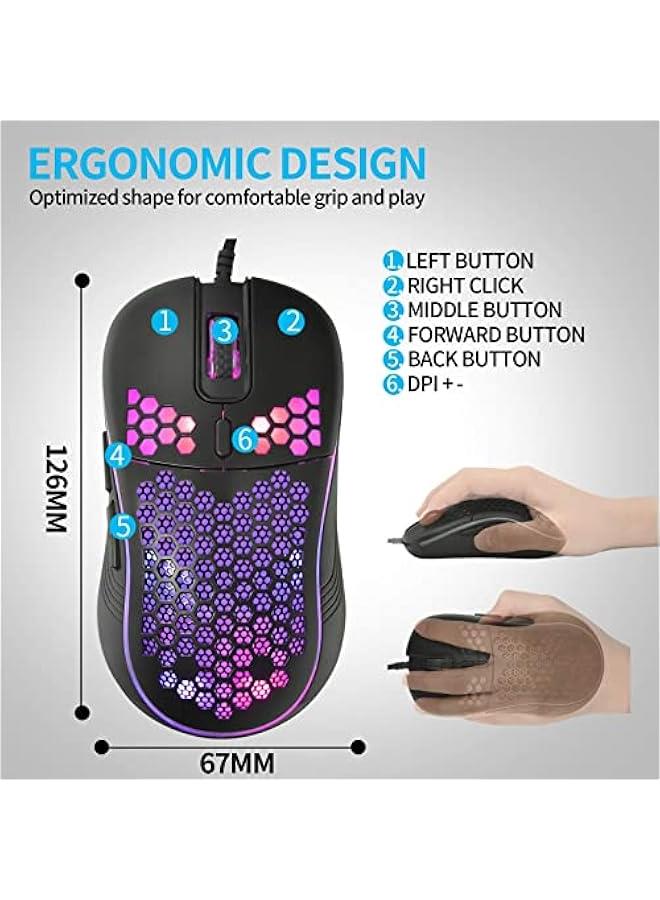 Honeycomb Wired Gaming Mouse, RGB Backlight and 7200 Adjustable DPI, Ergonomic and Lightweight USB Computer Mouse with High Precision Sensor for Windows PC  Laptop Gamers (Black) - Image 5