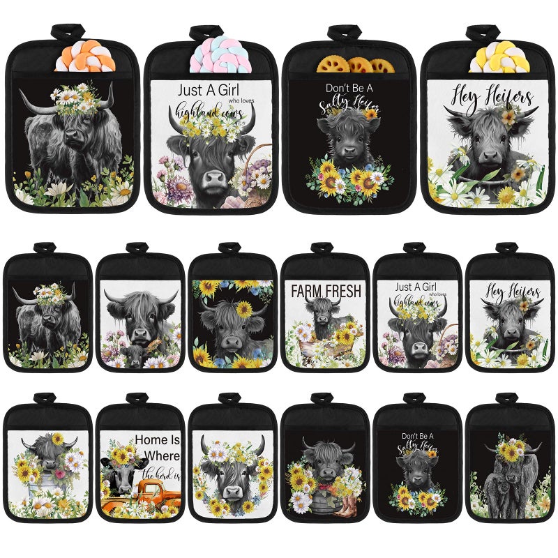 Jingmore 12 Pcs Highland Cattle Pot Holders with Pocket Sunflower Cow Pot Holders for Kitchen Hot Pads and Oven Mitts Floral Farmhouse Oven Gloves for Funny Gift Baking Cooking - Image 2