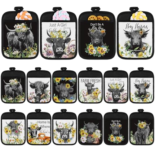 Jingmore 12 Pcs Highland Cattle Pot Holders with Pocket Sunflower Cow Pot Holders for Kitchen Hot Pads and Oven Mitts Floral Farmhouse Oven Gloves for Funny Gift Baking Cooking - Image 1