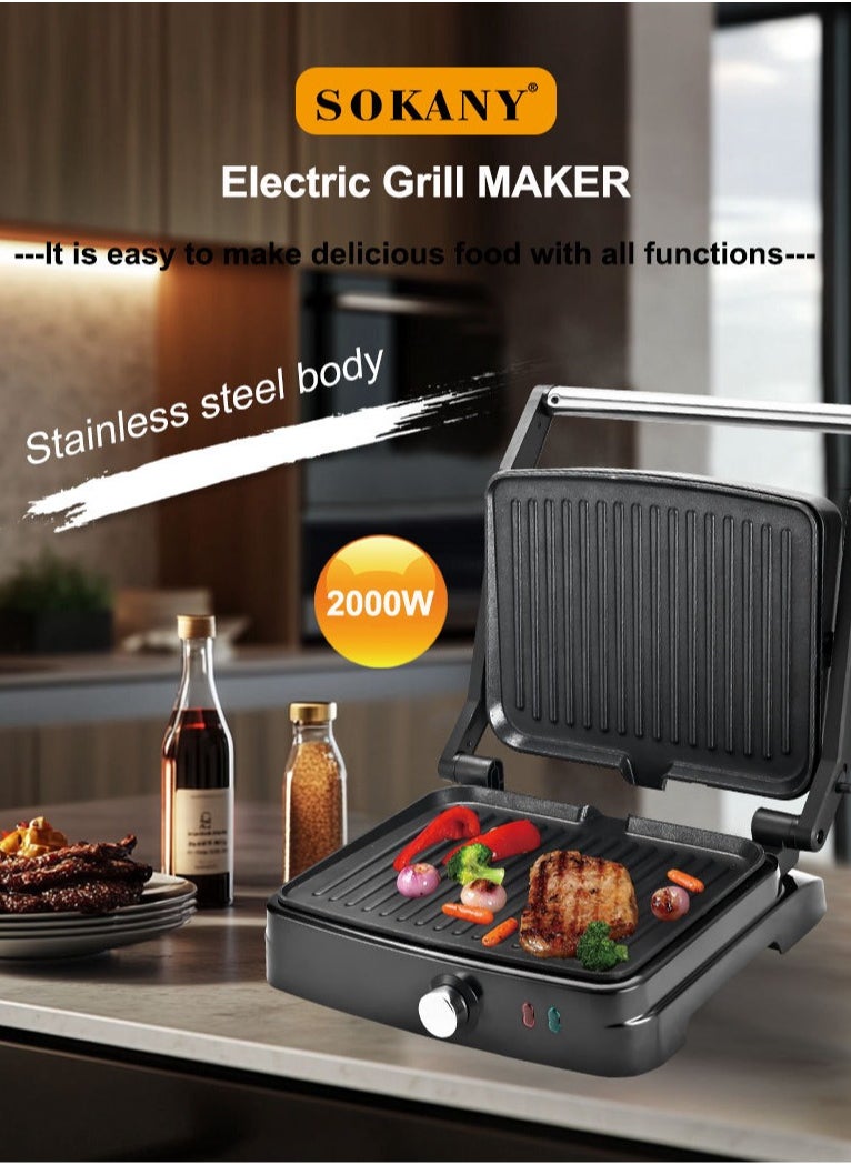 sokany Electric Grill & Panini Press,Grill Maker,Non-Stick Plates, Indicator Light, Cool Touch Handle, for Toasted Sandwiches, Kebabs, Steak, Meat, 2000W,SK-204  - Image 3