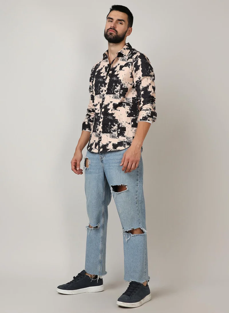 Campus Sutra Men's Beige & Black Paint Strokes Shirt