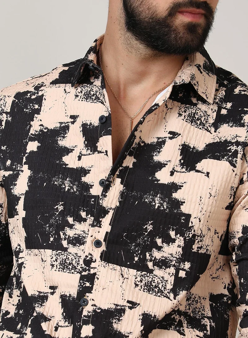 Campus Sutra Men's Beige & Black Paint Strokes Shirt