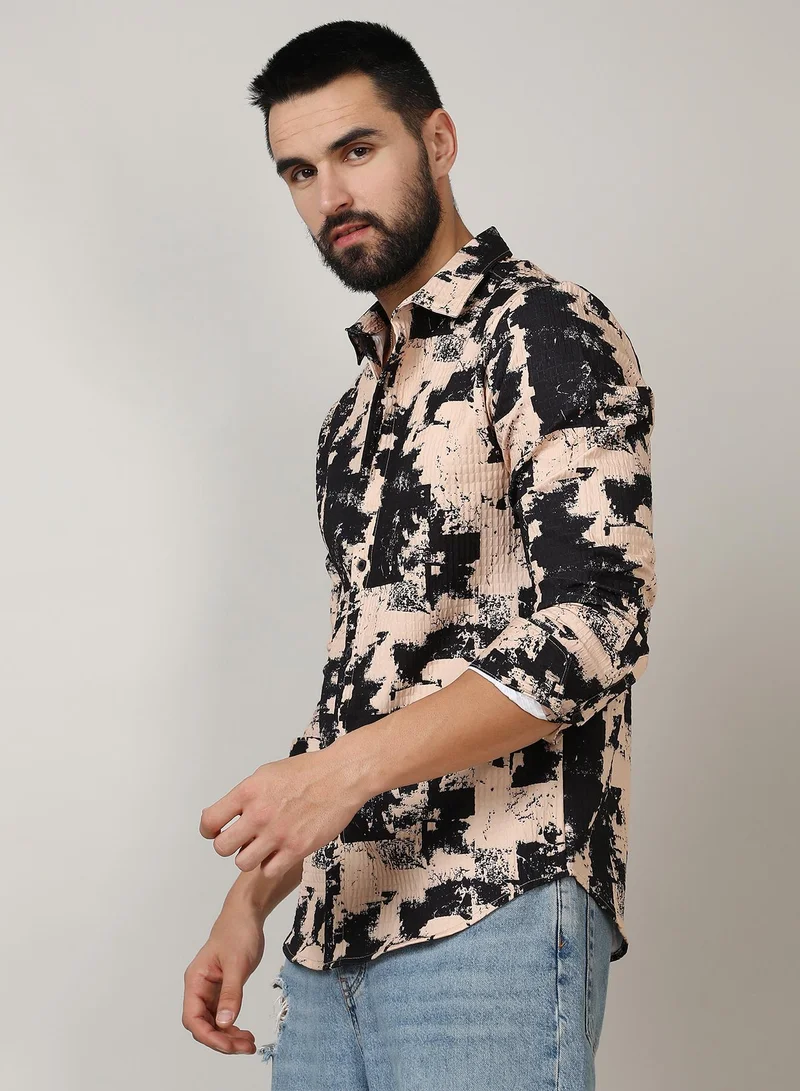 Campus Sutra Men's Beige & Black Paint Strokes Shirt